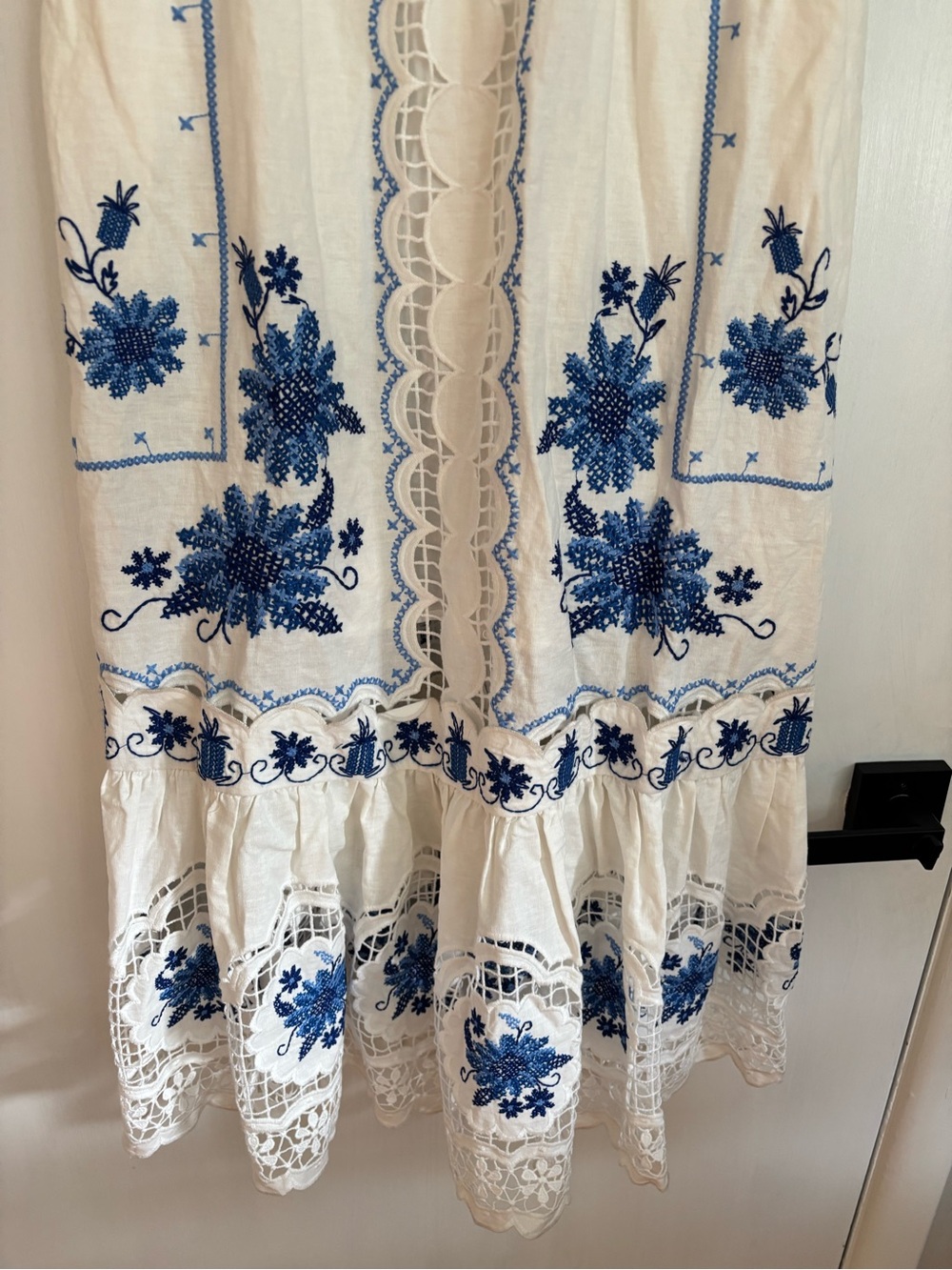 Farm Rio Cross Stitch Richelieu Sunflower Midi Dress white and blue sundress - Picture 9 of 10